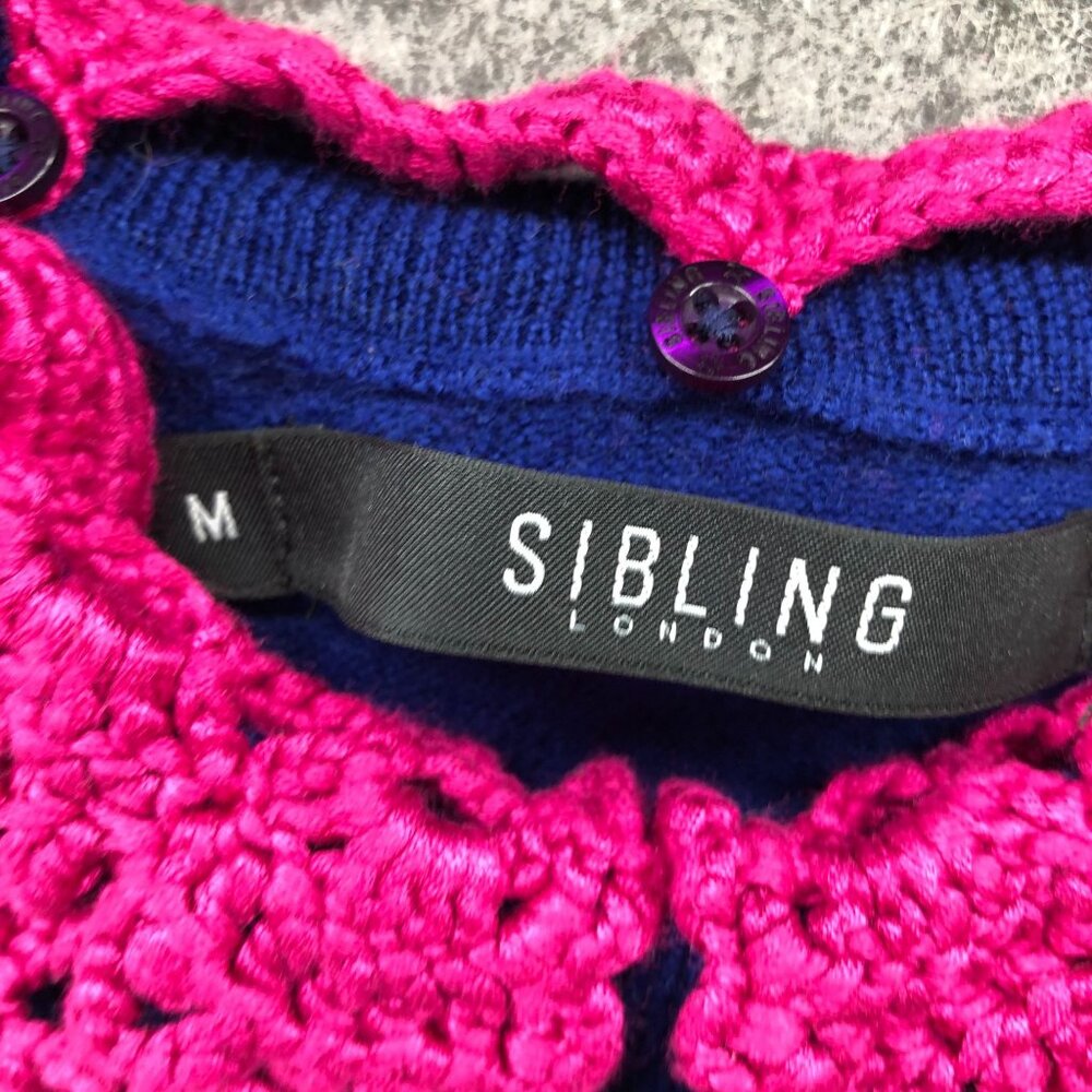 Sibling London Merino Wool Short Sleeve Sweater Women M Crochet Collar Blue Pink - Picture 5 of 8